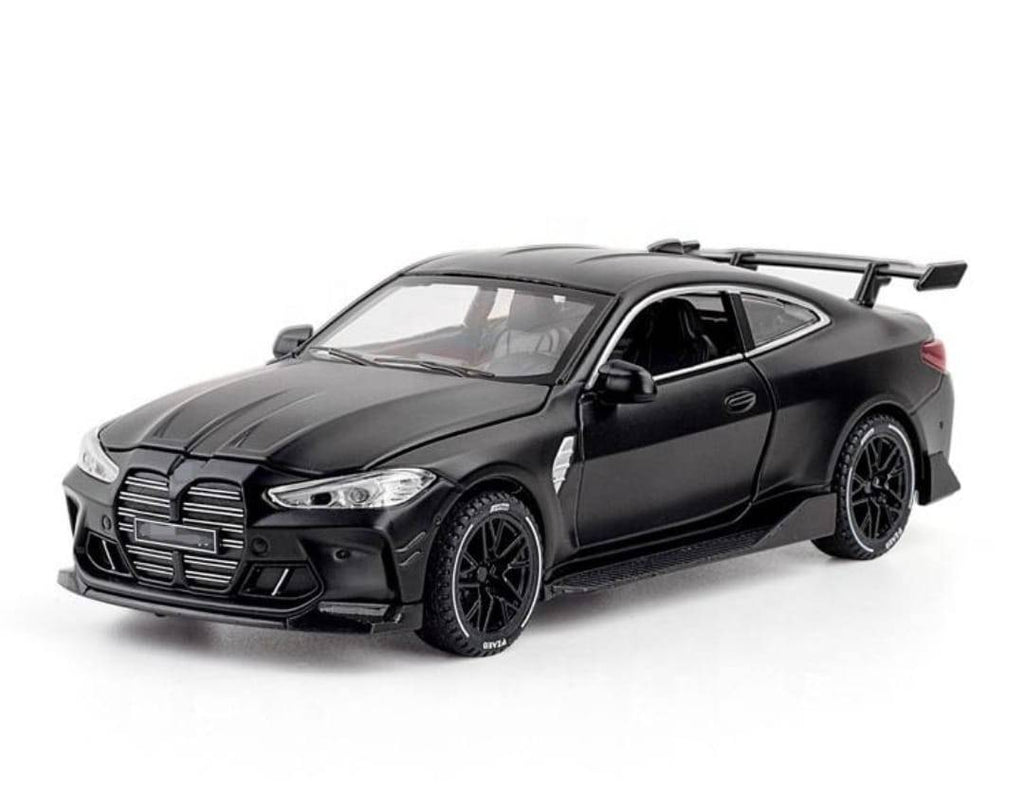 Masinuta metal mecanica, tip BMW M4 Coupe, 3 sunete, usi mobile, capota mobila, portbagaj mobil, negru, 16 cm