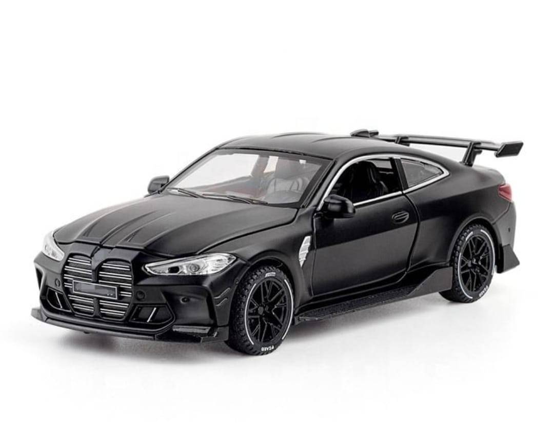 Masinuta metal mecanica, tip BMW M4 Coupe, 3 sunete, usi mobile, capota mobila, portbagaj mobil, negru, 16 cm