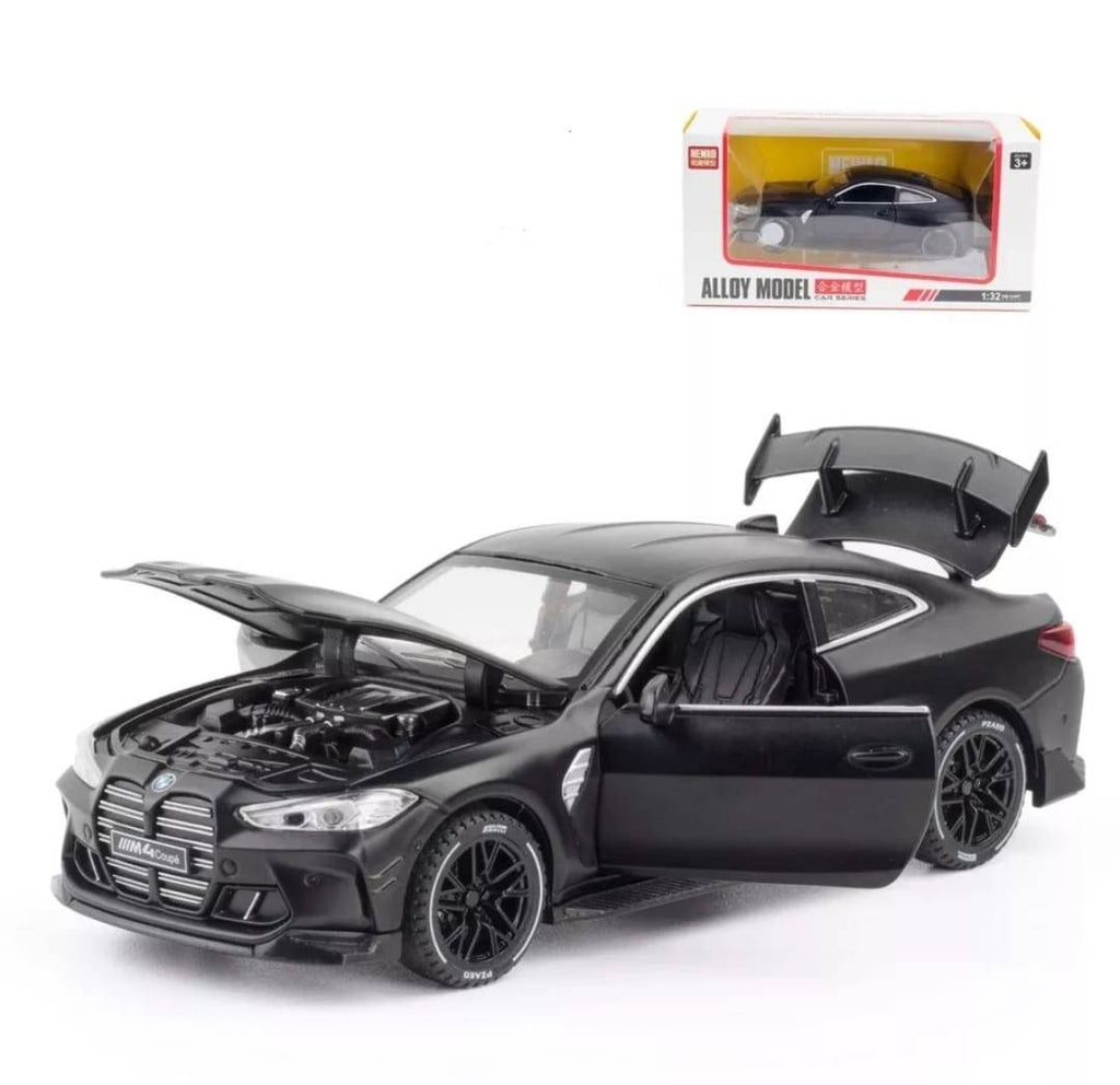 Masinuta metal mecanica, tip BMW M4 Coupe, 3 sunete, usi mobile, capota mobila, portbagaj mobil, negru, 16 cm