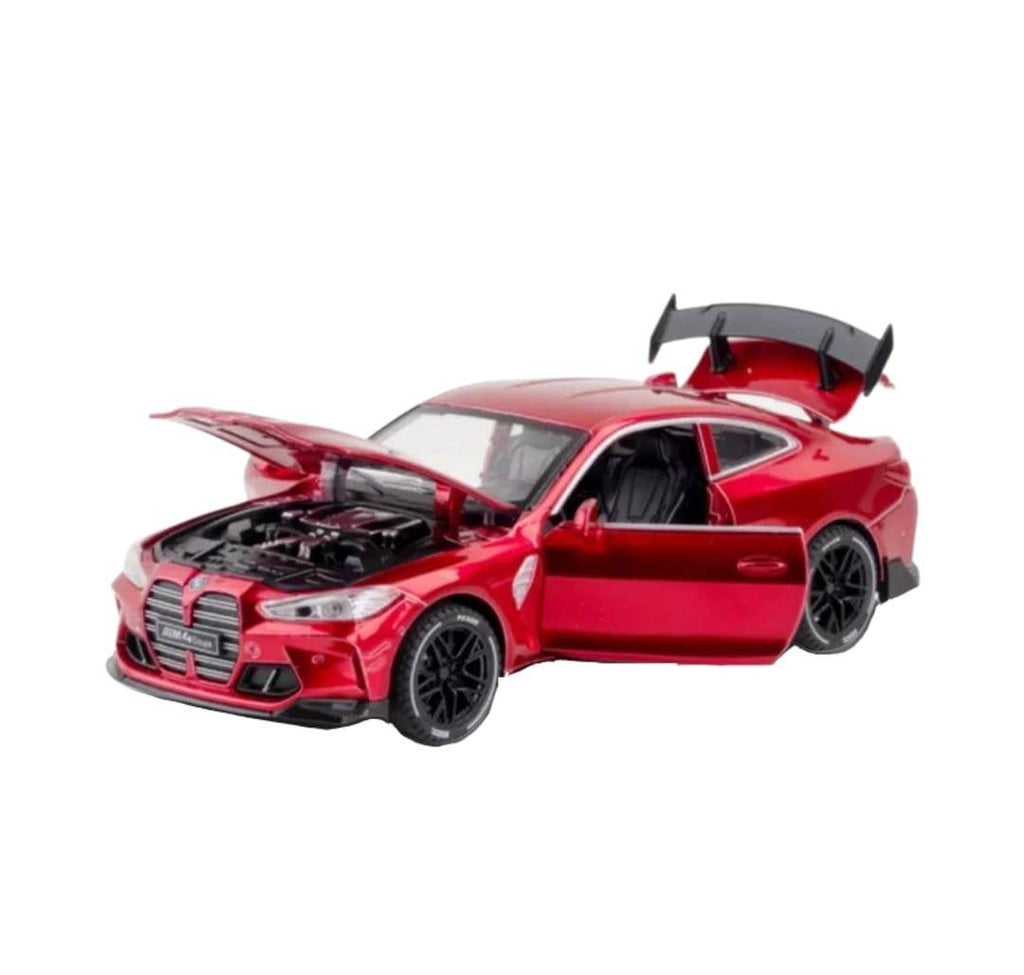 Masinuta metal mecanica, tip BMW M4 Coupe, 3 sunete, usi mobile, capota mobila, portbagaj mobil, rosu, 16 cm