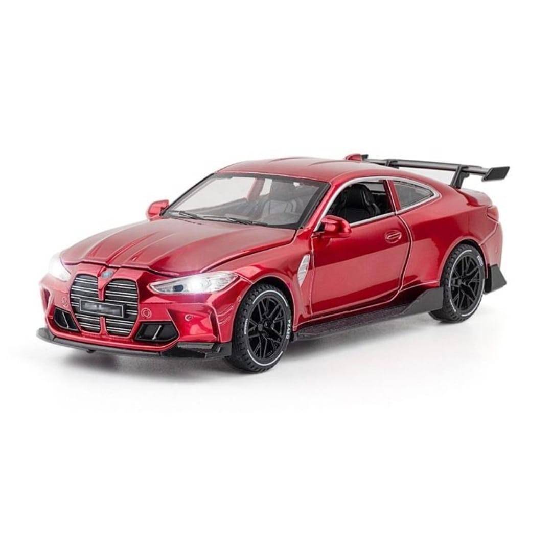 Masinuta metal mecanica, tip BMW M4 Coupe, 3 sunete, usi mobile, capota mobila, portbagaj mobil, rosu, 16 cm