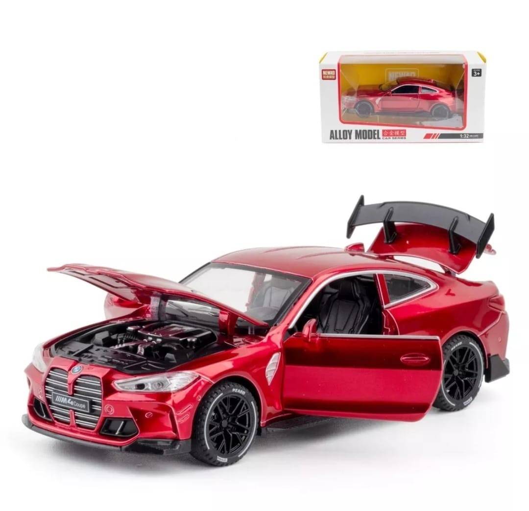 Masinuta metal mecanica, tip BMW M4 Coupe, 3 sunete, usi mobile, capota mobila, portbagaj mobil, rosu, 16 cm