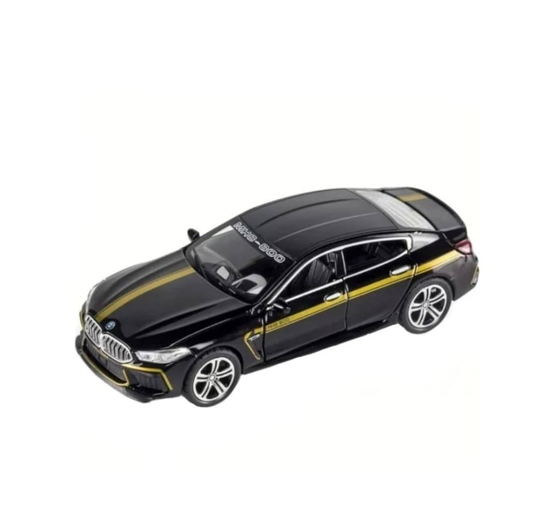 Masinuta metal mecanica, tip BMW M8 MANHART, 3 sunete, usi mobile, capota mobila, portbagaj mobil, negru, 22 cm