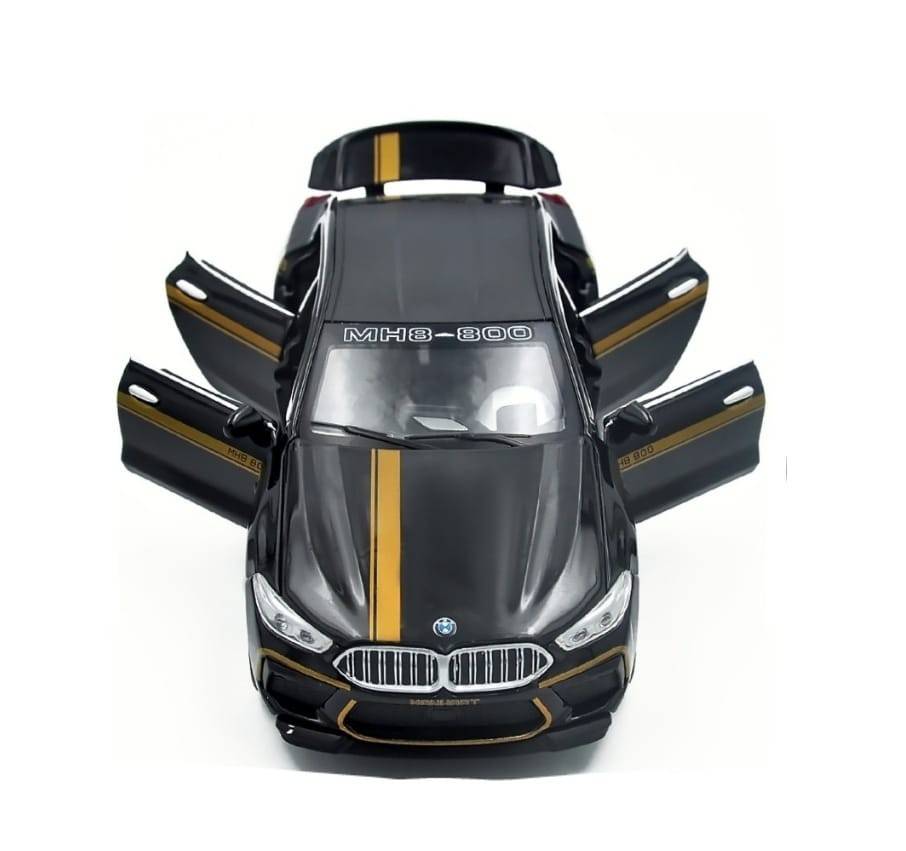 Masinuta metal mecanica, tip BMW M8 MANHART, 3 sunete, usi mobile, capota mobila, portbagaj mobil, negru, 22 cm