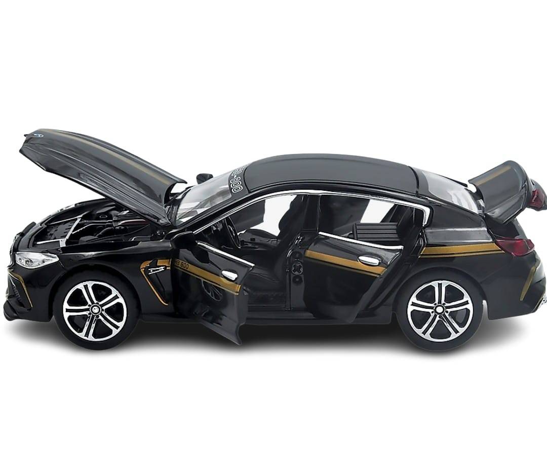 Masinuta metal mecanica, tip BMW M8 MANHART, 3 sunete, usi mobile, capota mobila, portbagaj mobil, negru, 22 cm