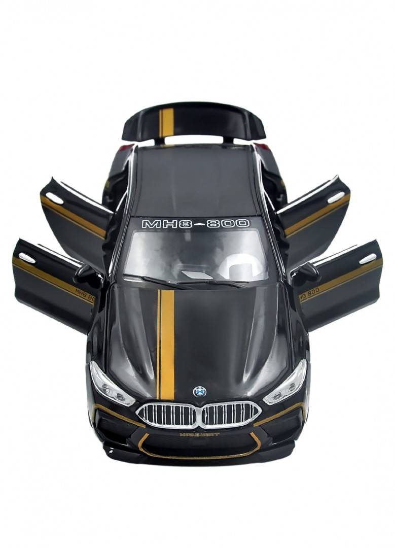 Masinuta metal mecanica, tip BMW M8 MANHART, 3 sunete, usi mobile, capota mobila, portbagaj mobil, negru, 22 cm