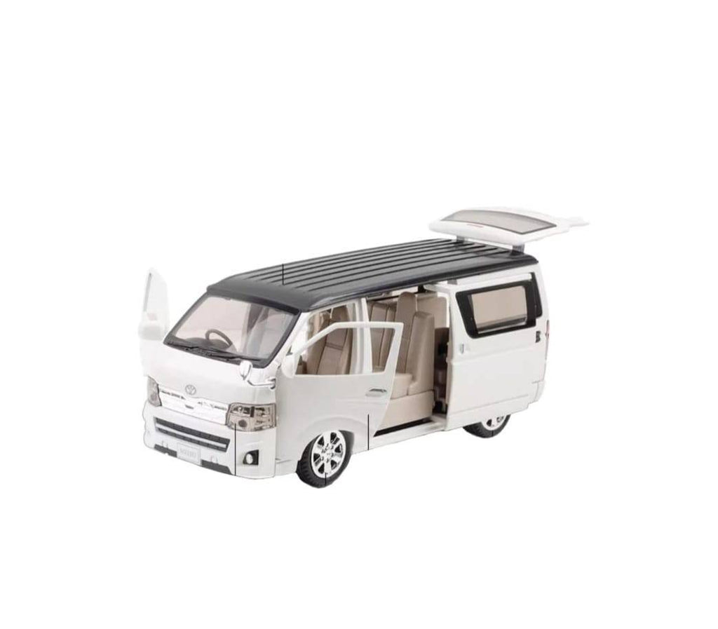 Masinuta metal mecanica, tip duba Toyota Hiace, 3 sunete, usi mobile, capota mobila, portbagaj mobil, alb, 16 cm