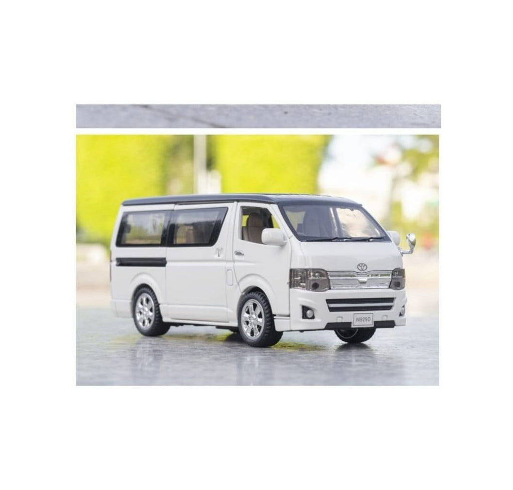 Masinuta metal mecanica, tip duba Toyota Hiace, 3 sunete, usi mobile, capota mobila, portbagaj mobil, alb, 16 cm