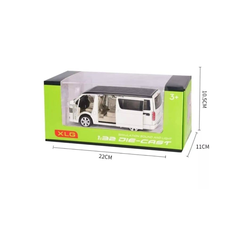 Masinuta metal mecanica, tip duba Toyota Hiace, 3 sunete, usi mobile, capota mobila, portbagaj mobil, alb, 16 cm