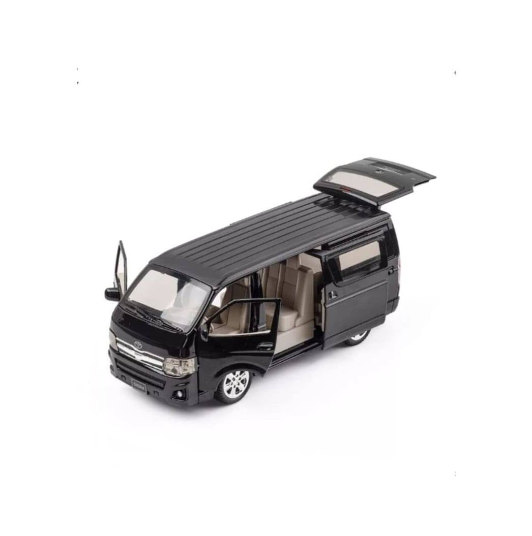 Masinuta metal mecanica, tip duba Toyota Hiace, 3 sunete, usi mobile, capota mobila, portbagaj mobil, negru, 16 cm