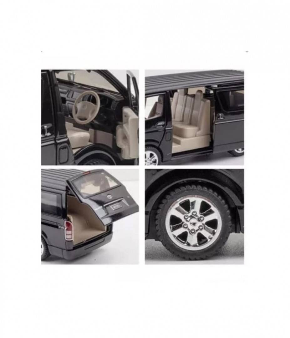 Masinuta metal mecanica, tip duba Toyota Hiace, 3 sunete, usi mobile, capota mobila, portbagaj mobil, negru, 16 cm