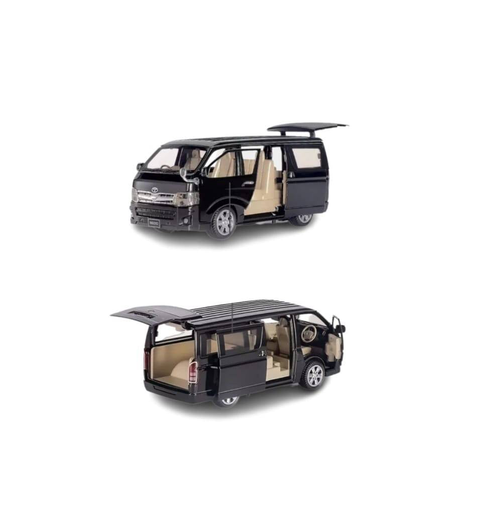 Masinuta metal mecanica, tip duba Toyota Hiace, 3 sunete, usi mobile, capota mobila, portbagaj mobil, negru, 16 cm