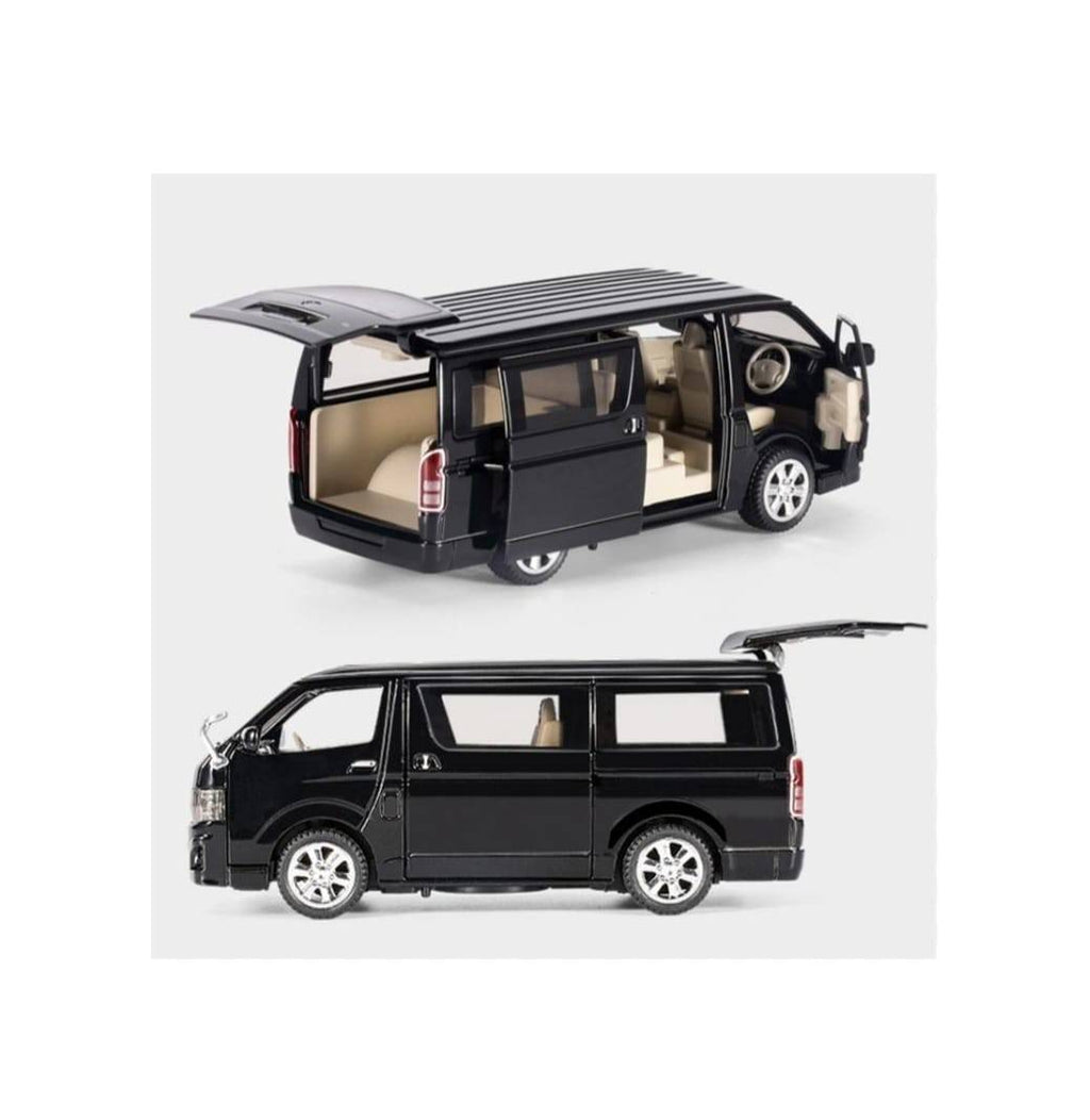 Masinuta metal mecanica, tip duba Toyota Hiace, 3 sunete, usi mobile, capota mobila, portbagaj mobil, negru, 16 cm