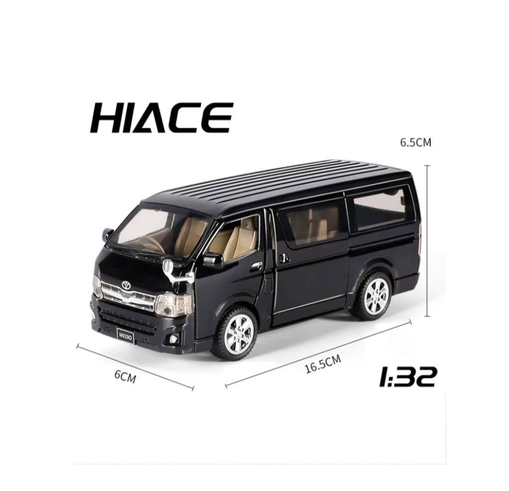 Masinuta metal mecanica, tip duba Toyota Hiace, 3 sunete, usi mobile, capota mobila, portbagaj mobil, negru, 16 cm
