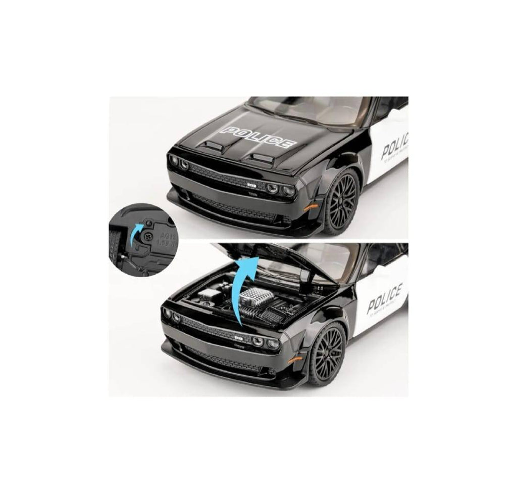 Masinuta metal mecanica, tip  Dodge Challenger Hellcat Police, scara 1:24, sunete, usi mobile, capota mobila, portbagaj mobil
