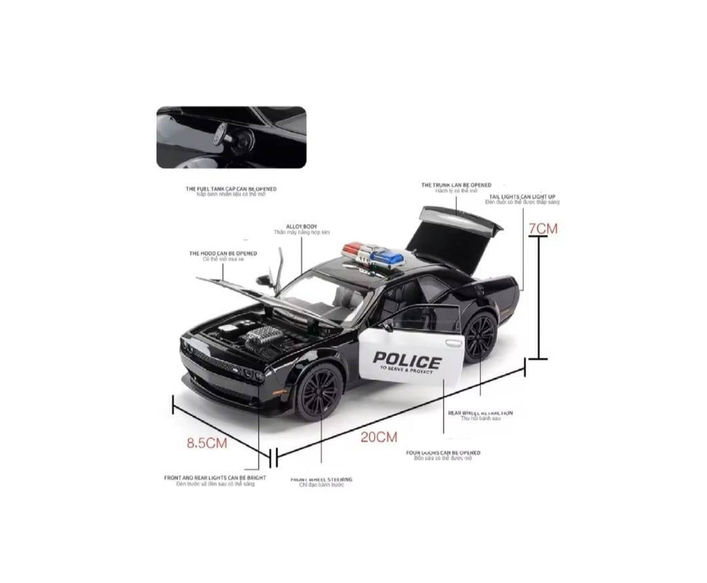 Masinuta metal mecanica, tip  Dodge Challenger Hellcat Police, scara 1:24, sunete, usi mobile, capota mobila, portbagaj mobil