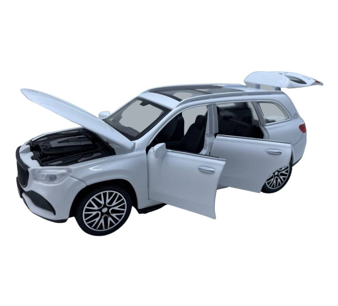 Masinuta metal mecanica, tip Maybach GLS 600, 3 sunete, usi mobile, capota mobila, portbagaj mobil, alb, 15 cm