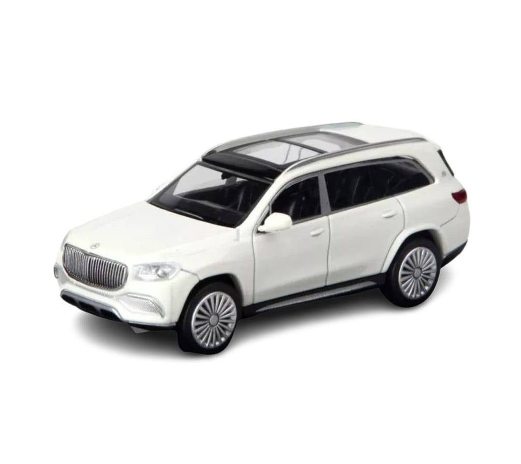 Masinuta metal mecanica, tip Maybach GLS 600, 3 sunete, usi mobile, capota mobila, portbagaj mobil, alb, 15 cm
