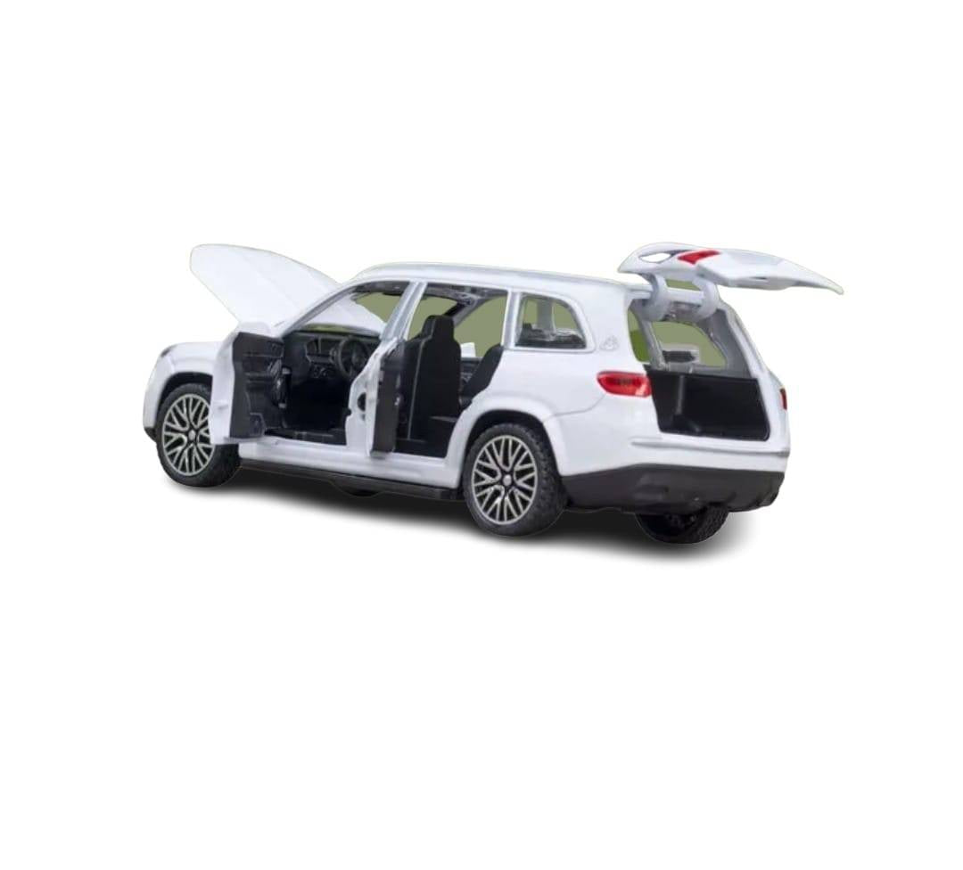 Masinuta metal mecanica, tip Maybach GLS 600, 3 sunete, usi mobile, capota mobila, portbagaj mobil, alb, 15 cm