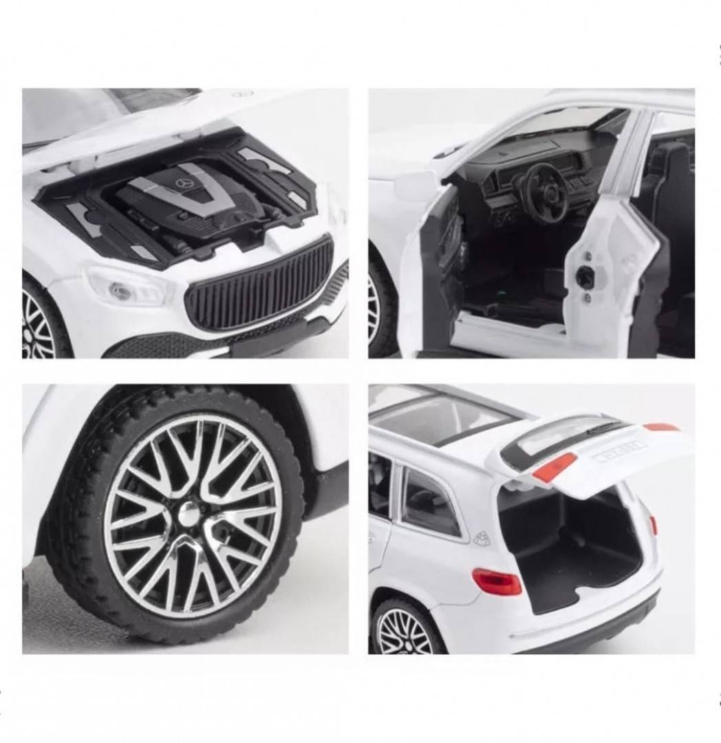 Masinuta metal mecanica, tip Maybach GLS 600, 3 sunete, usi mobile, capota mobila, portbagaj mobil, alb, 15 cm