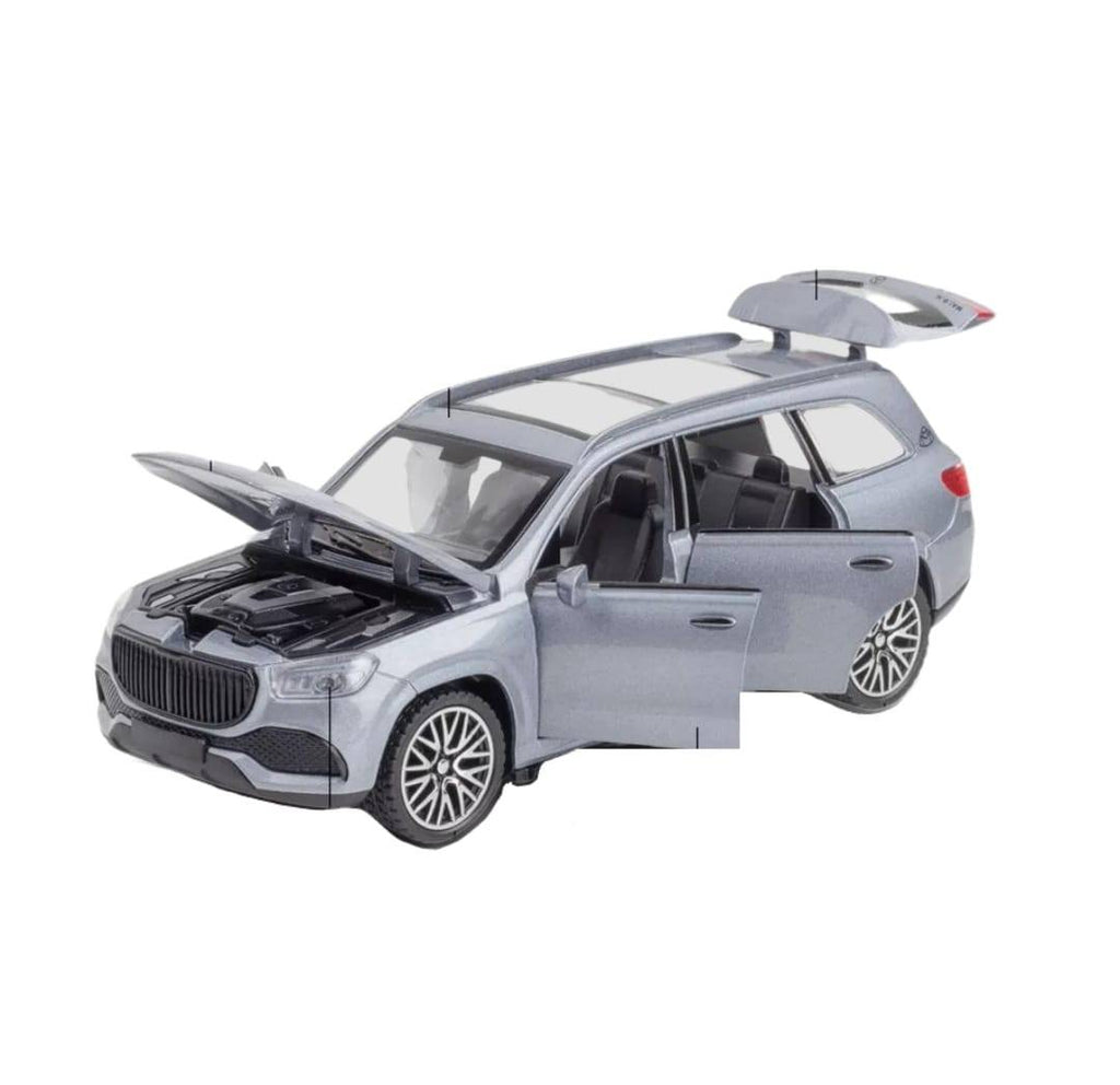 Masinuta metal mecanica, tip Maybach GLS 600, 3 sunete, usi mobile, capota mobila, portbagaj mobil, gri, 15 cm