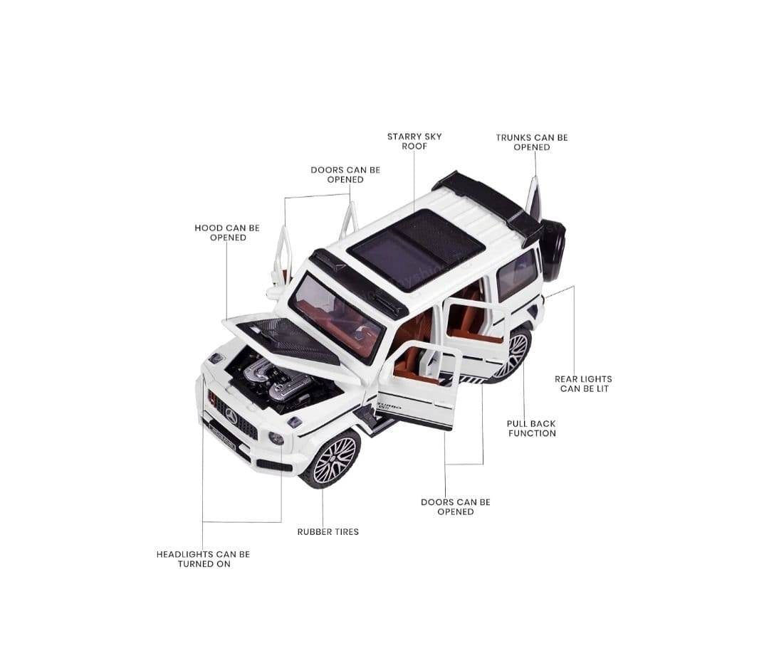 Masinuta metal mecanica, tip Mercedes Benz G800 Legierung, scara 1:32, 3 sunete, usi mobile, capota mobila, portbagaj mobil, 
