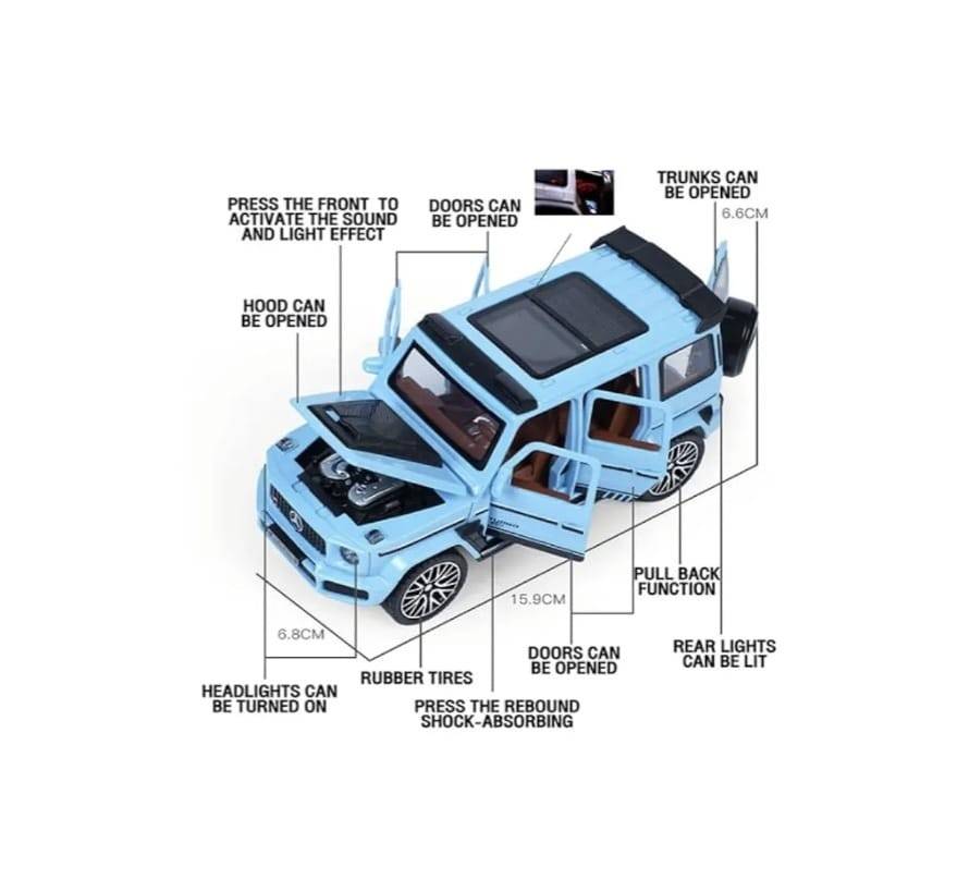 Masinuta metal mecanica, tip Mercedes Benz G800 Legierung, scara 1:32, 3 sunete, usi mobile, capota mobila, portbagaj mobil, 
