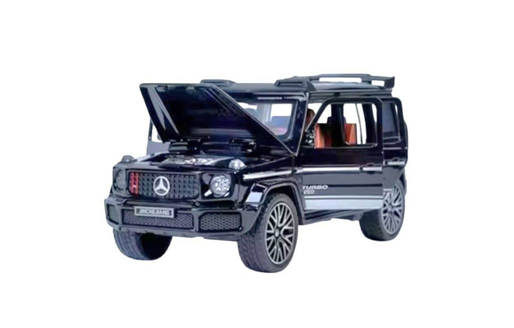 Masinuta metal mecanica, tip Mercedes Benz G800 Legierung, scara 1:28, 3 sunete, usi mobile, capota mobila, portbagaj mobil, 
