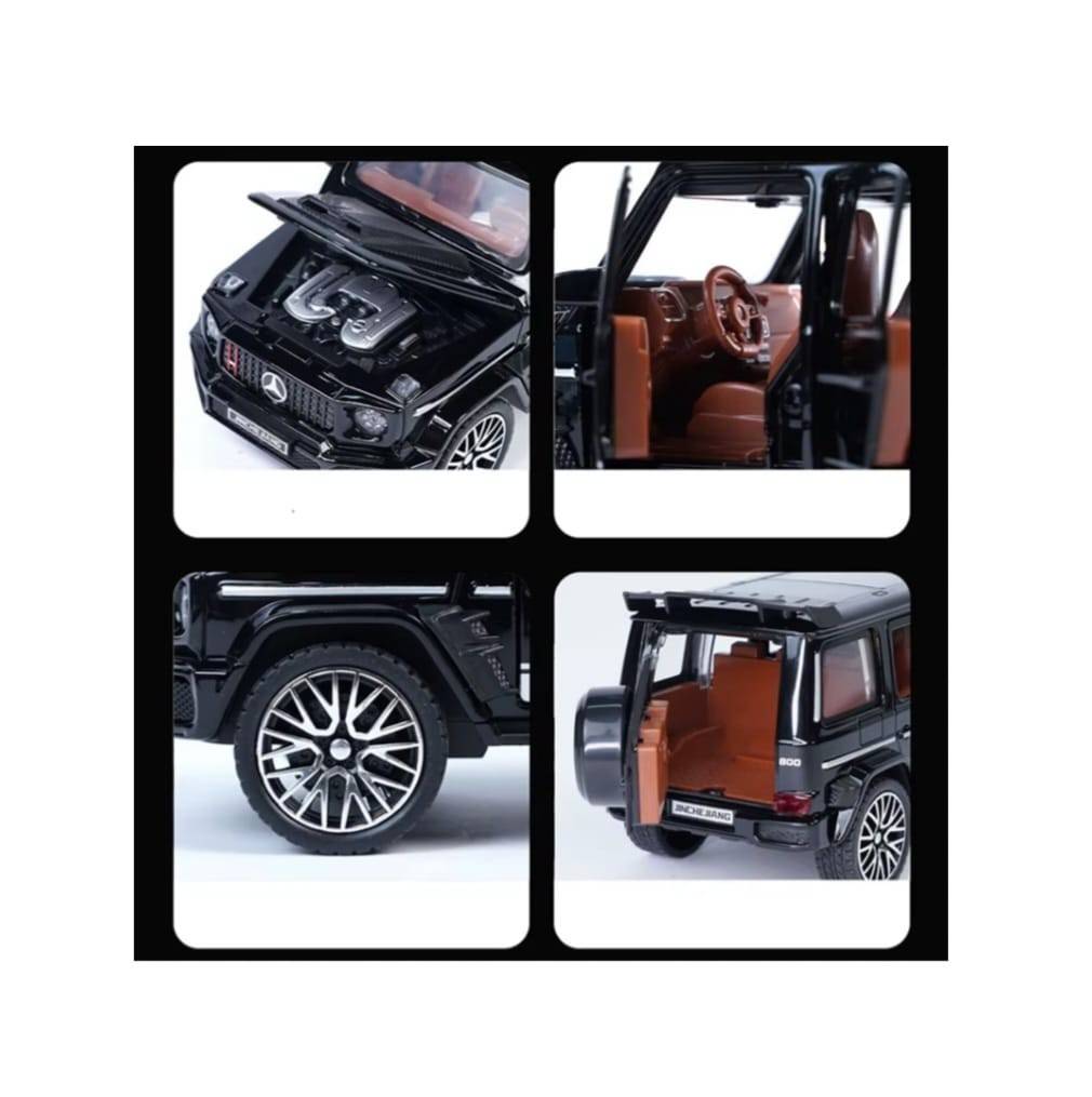 Masinuta metal mecanica, tip Mercedes Benz G800 Legierung, scara 1:28, 3 sunete, usi mobile, capota mobila, portbagaj mobil, 