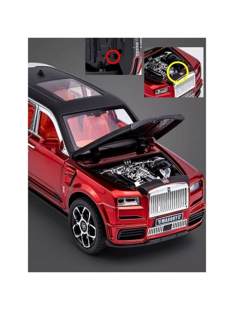 Masinuta metal mecanica, tip Rolls Royce Cullinar Mansory, 3 sunete, usi , scara 1:24, capota , portbagaj  rosu, 20 cm