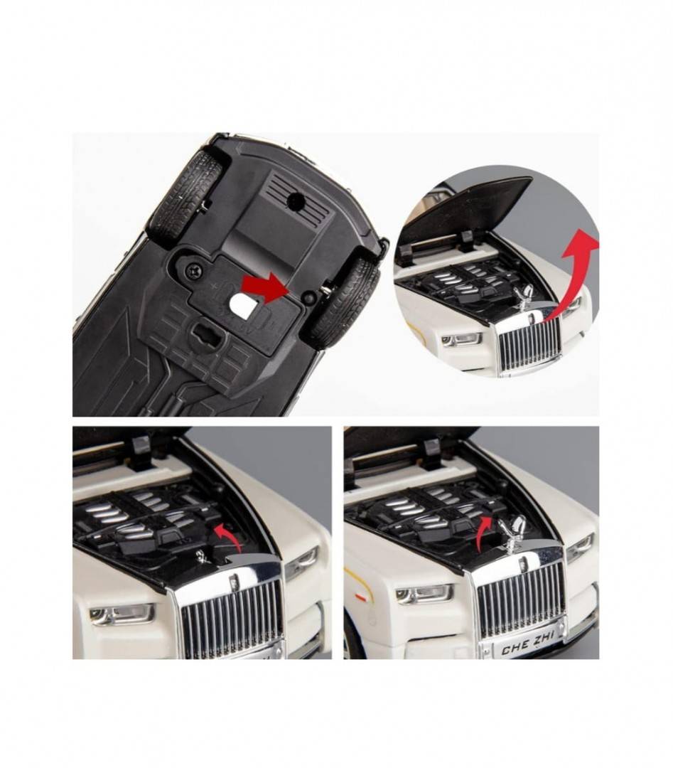Masinuta metal mecanica, tip Rolls Royce Limuzina, Noonedibs, 3 sunete, scara 1:32, usi mobile, capota mobila, portbagaj mobi