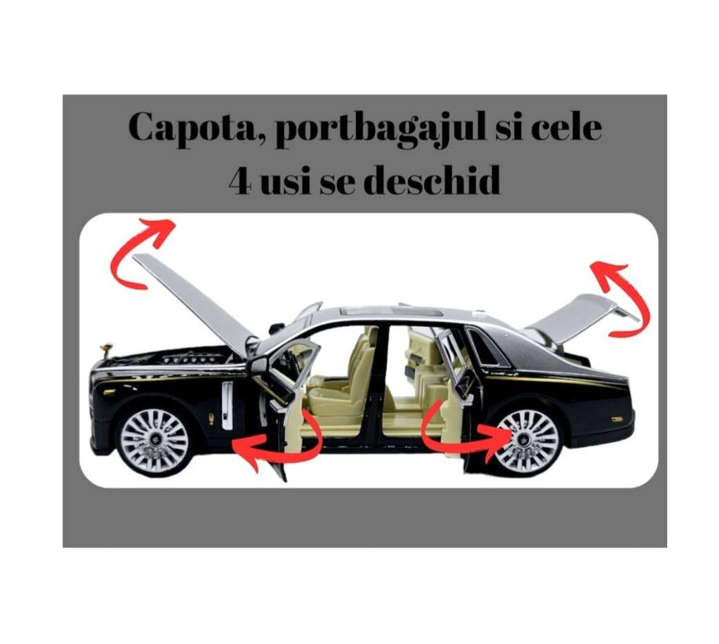 Masinuta metal mecanica, tip Rolls Royce Limuzina, Noonedibs, 3 sunete, scara 1:32, usi mobile, capota mobila, portbagaj mobi