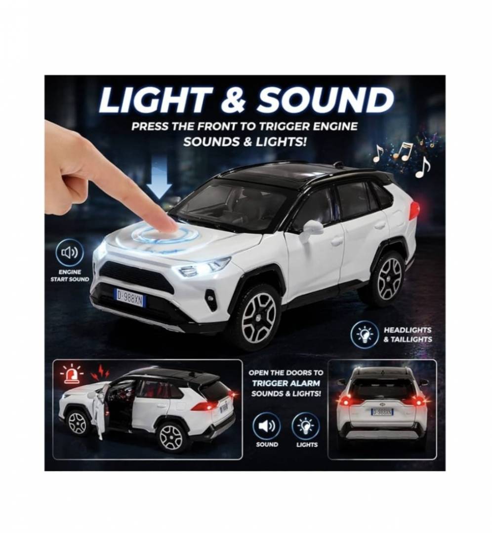 Masinuta metal mecanica, tip Toyota Rav 4, sunete, usi mobile, capota mobila, portbagaj mobil, alb, 17 cm