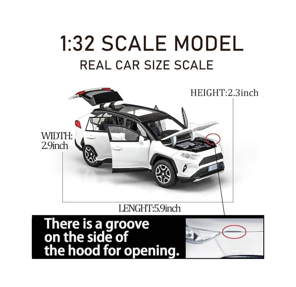 Masinuta metal mecanica, tip Toyota Rav 4, sunete, usi mobile, capota mobila, portbagaj mobil, alb, 17 cm