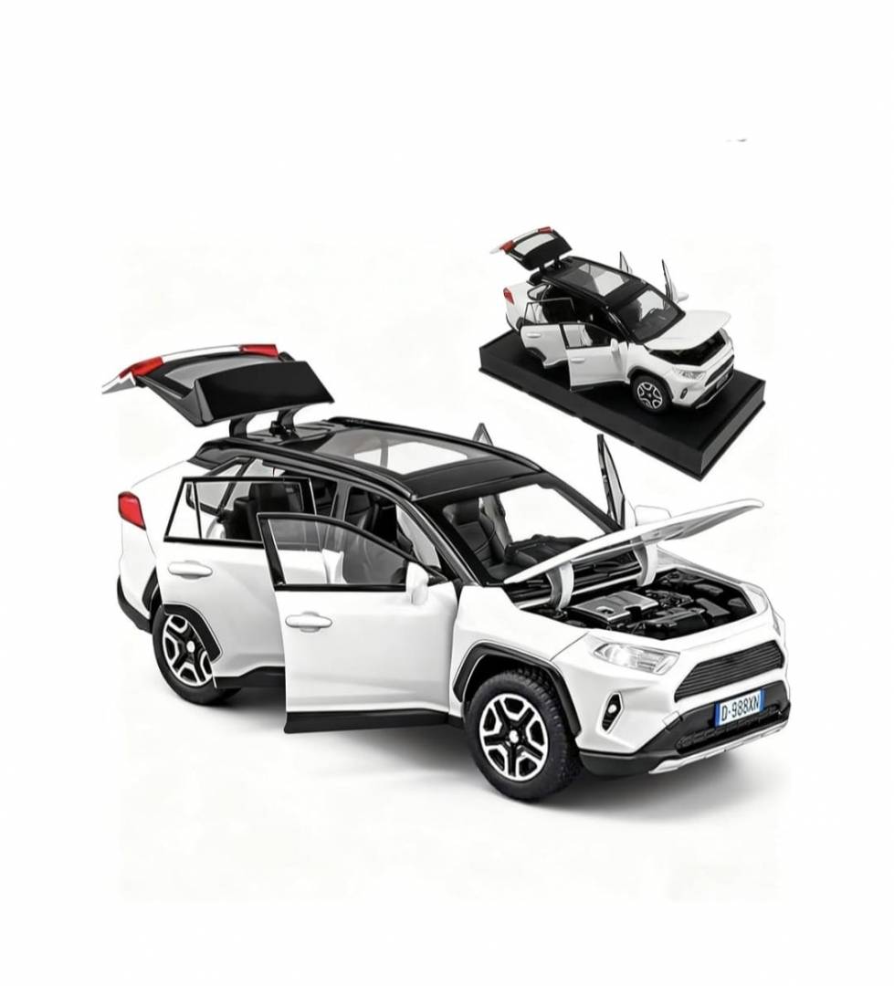 Masinuta metal mecanica, tip Toyota Rav 4, sunete, usi mobile, capota mobila, portbagaj mobil, alb, 17 cm