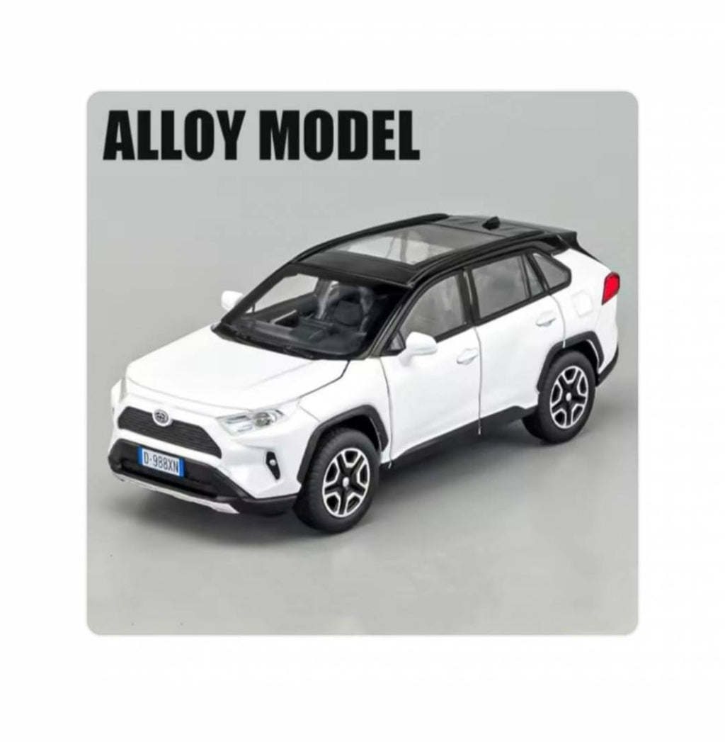 Masinuta metal mecanica, tip Toyota Rav 4, sunete, usi mobile, capota mobila, portbagaj mobil, alb, 17 cm