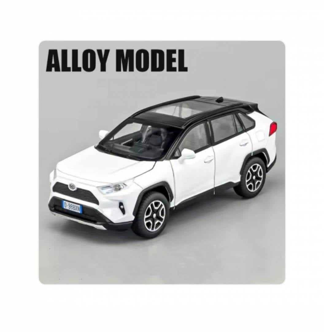 Masinuta metal mecanica, tip Toyota Rav 4, sunete, usi mobile, capota mobila, portbagaj mobil, alb, 17 cm