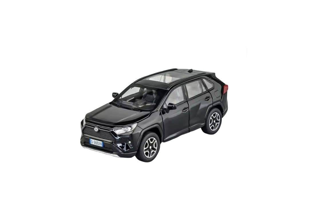 Masinuta metal mecanica, tip Toyota Rav 4, sunete, usi mobile, capota mobila, portbagaj mobil, negru, 15 cm