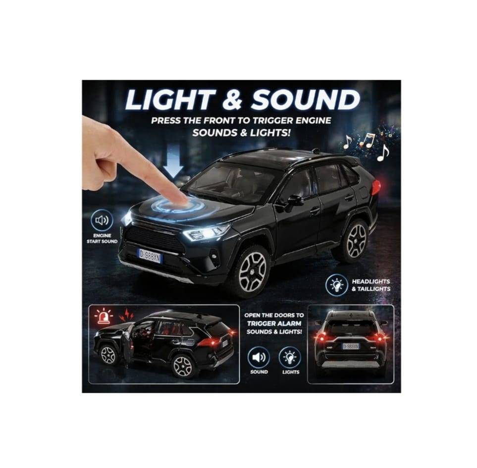 Masinuta metal mecanica, tip Toyota Rav 4, sunete, usi mobile, capota mobila, portbagaj mobil, negru, 15 cm