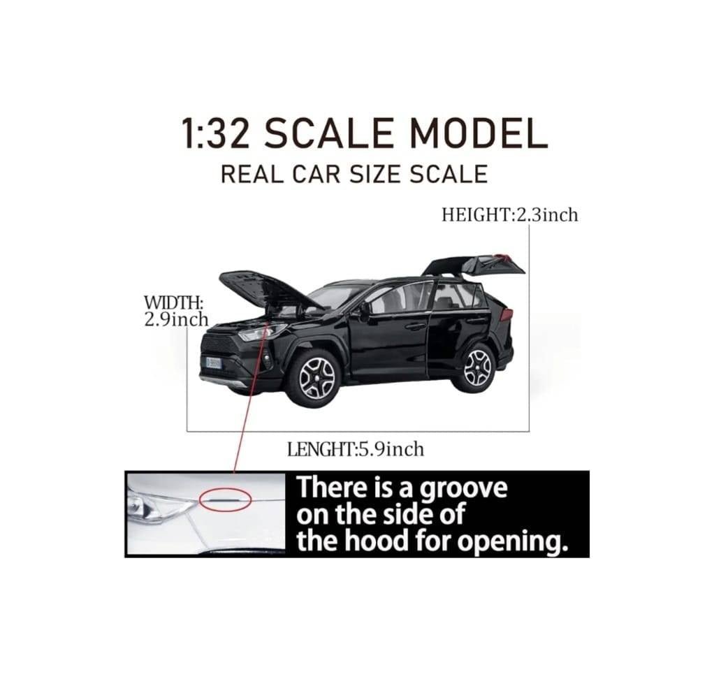 Masinuta metal mecanica, tip Toyota Rav 4, sunete, usi mobile, capota mobila, portbagaj mobil, negru, 15 cm