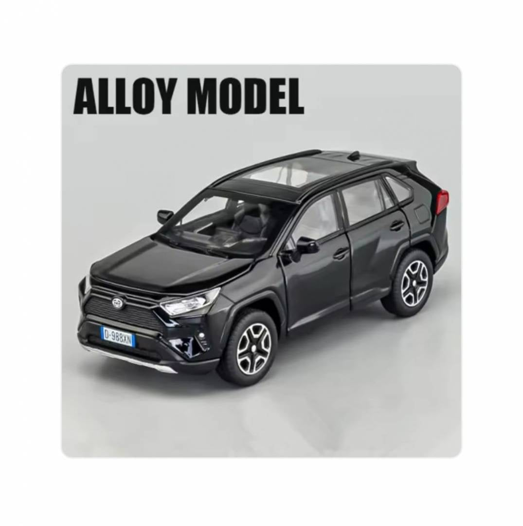Masinuta metal mecanica, tip Toyota Rav 4, sunete, usi mobile, capota mobila, portbagaj mobil, negru, 15 cm
