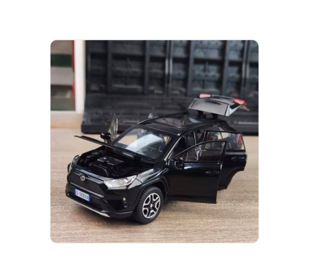 Masinuta metal mecanica, tip Toyota Rav 4, sunete, usi mobile, capota mobila, portbagaj mobil, negru, 15 cm