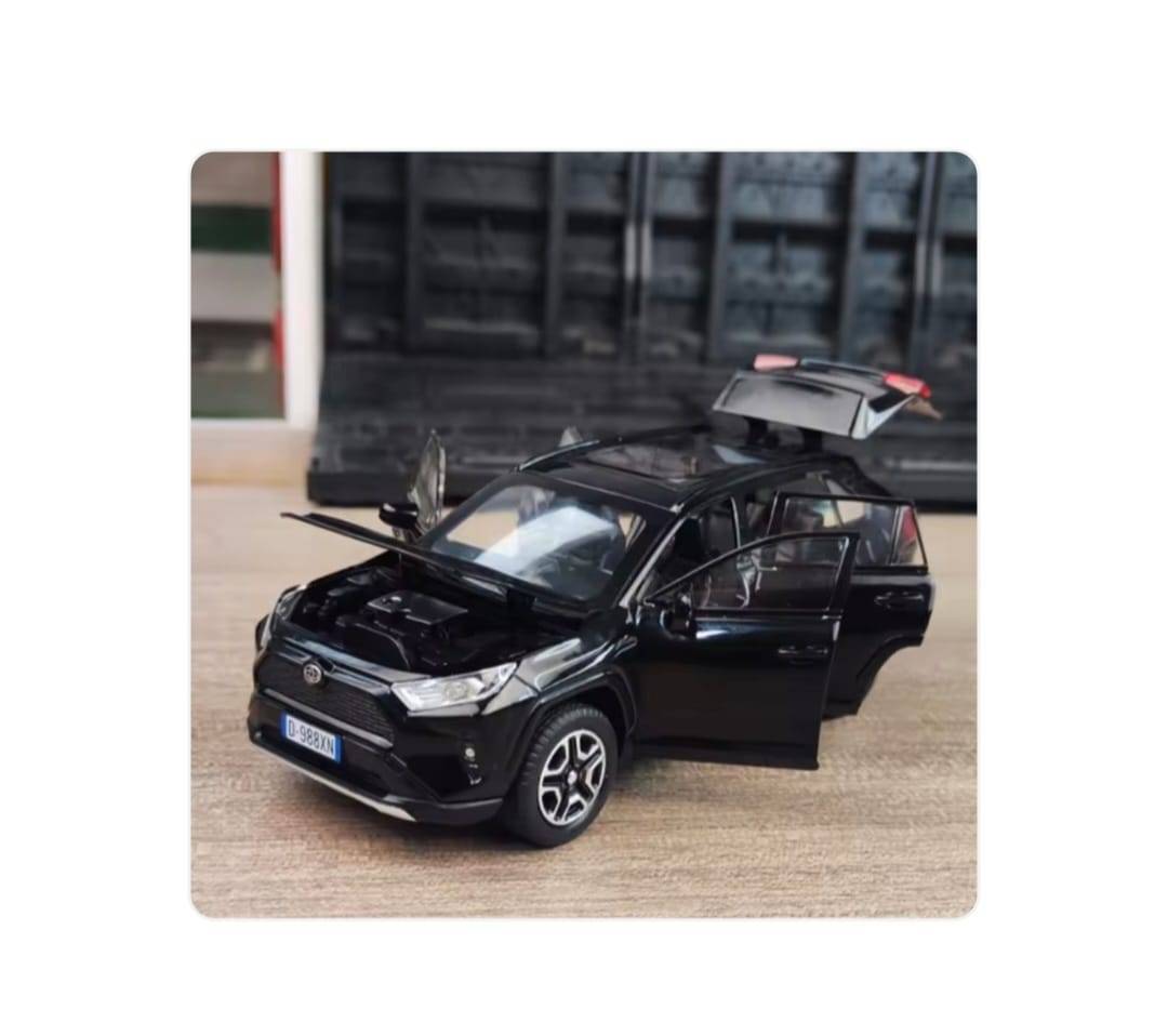 Masinuta metal mecanica, tip Toyota Rav 4, sunete, usi mobile, capota mobila, portbagaj mobil, negru, 15 cm