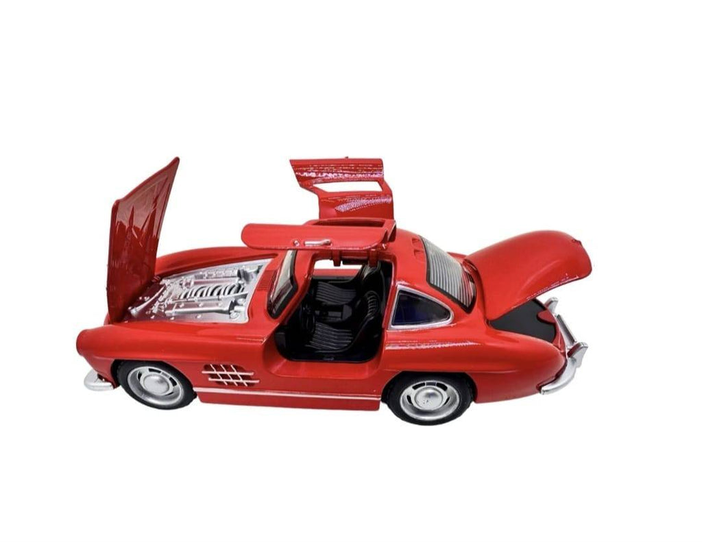 Masinuta metal, Mercedes-Benz 300SL Gullwing, 2 usi mobile, capota mobila, portbagaj mobil, rosu, 15 cm