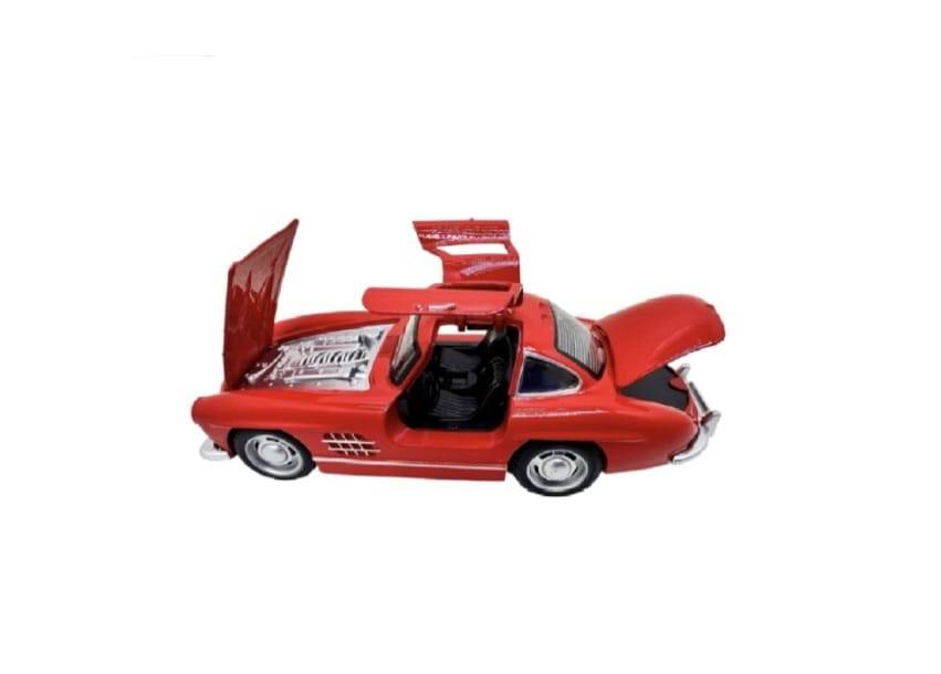 Masinuta metal, Mercedes-Benz 300SL Gullwing, 2 usi mobile, capota mobila, portbagaj mobil, rosu, 15 cm