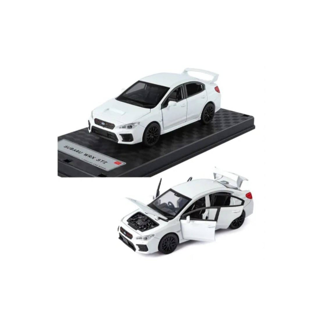 Masinuta metal, Subaru WRX STI 2020, scara 1:32, sunete, usi mobile, capota mobila, portbagaj mobil, alb, 15 cm