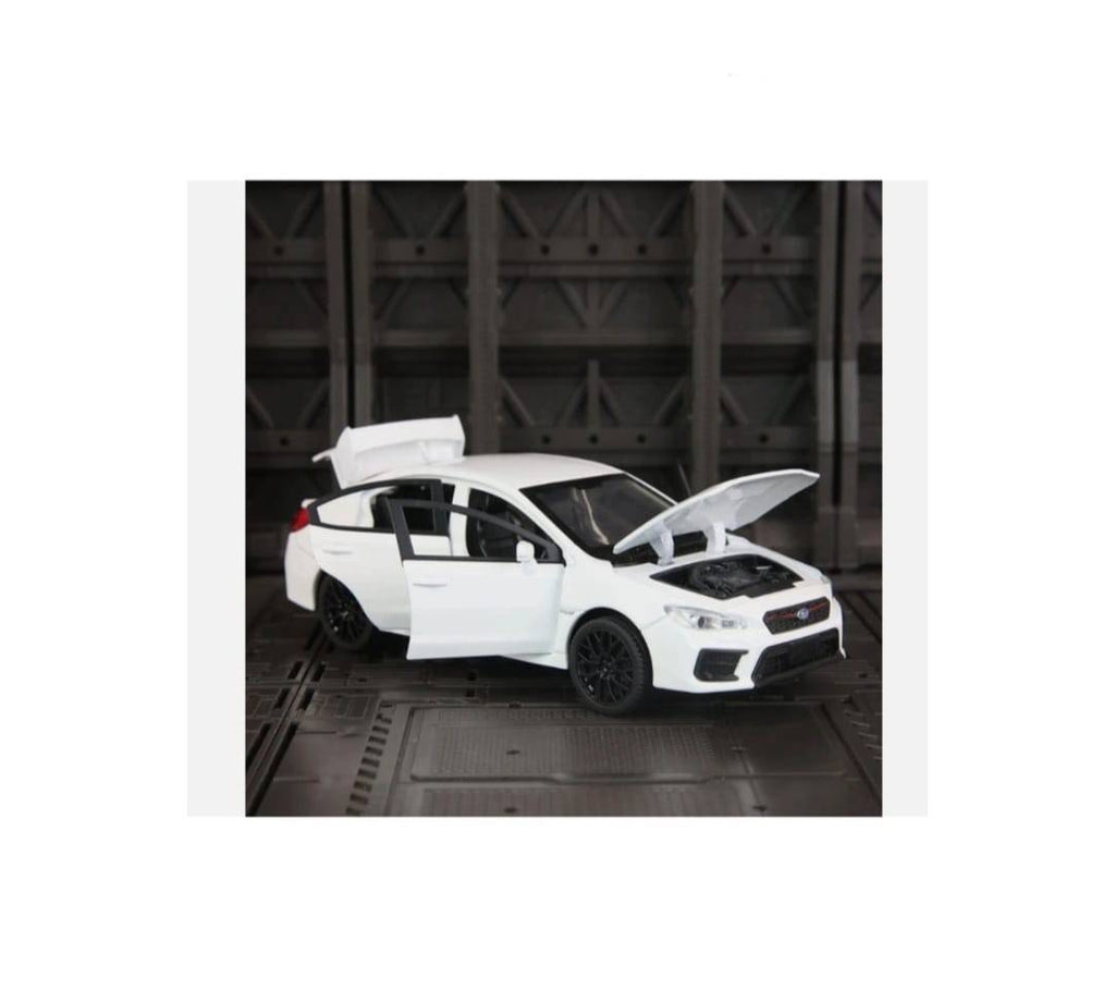 Masinuta metal, Subaru WRX STI 2020, scara 1:32, sunete, usi mobile, capota mobila, portbagaj mobil, alb, 15 cm