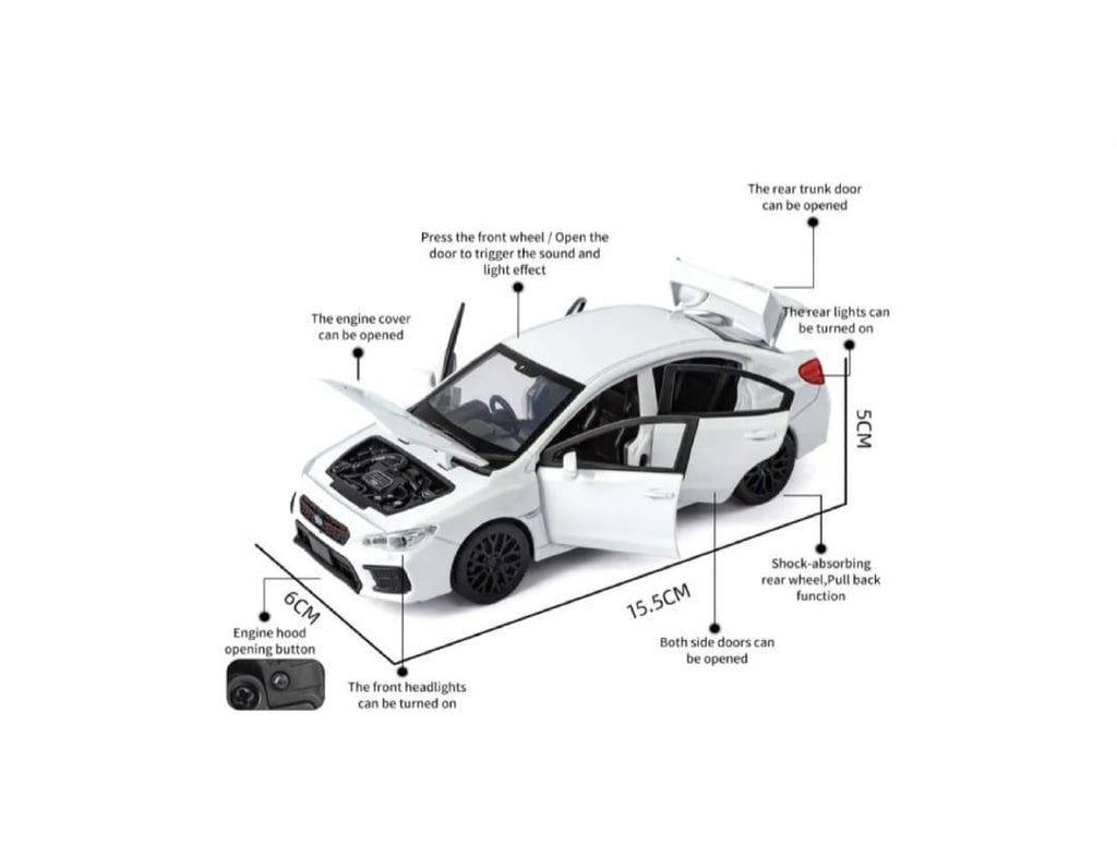 Masinuta metal, Subaru WRX STI 2020, scara 1:32, sunete, usi mobile, capota mobila, portbagaj mobil, alb, 15 cm
