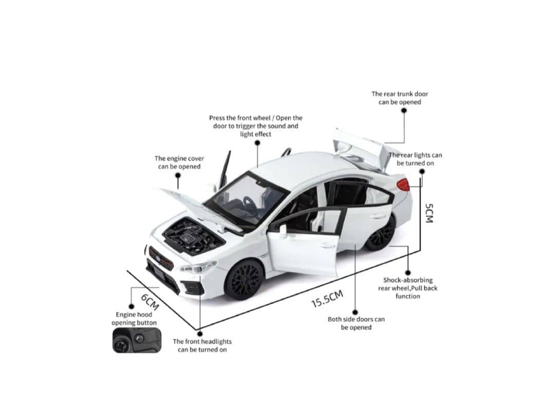 Masinuta metal, Subaru WRX STI 2020, scara 1:32, sunete, usi mobile, capota mobila, portbagaj mobil, alb, 15 cm