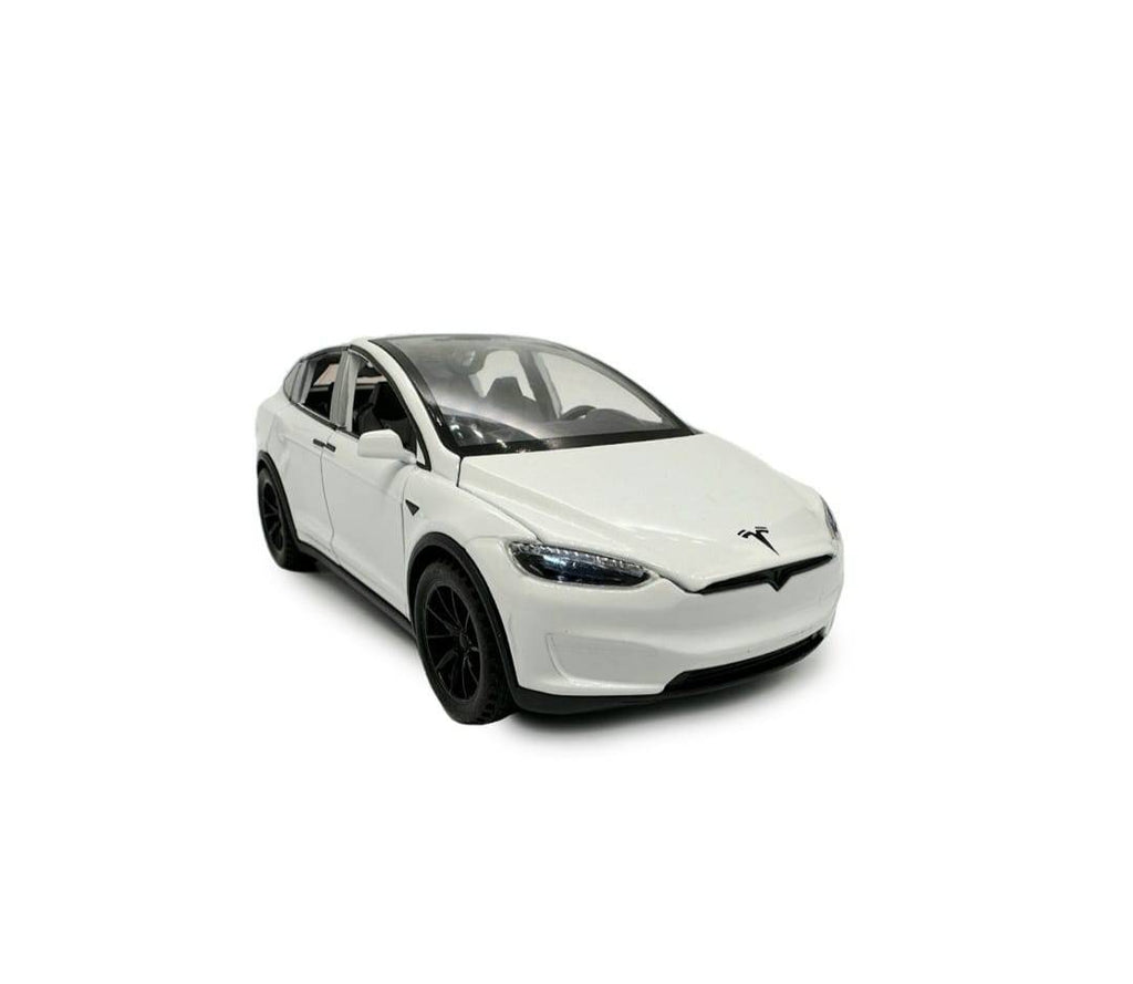 Masinuta metal, Tesla 3V, scara 1:28, sunete, usi mobile, capota mobila, portbagaj mobil, alb, 15 cm